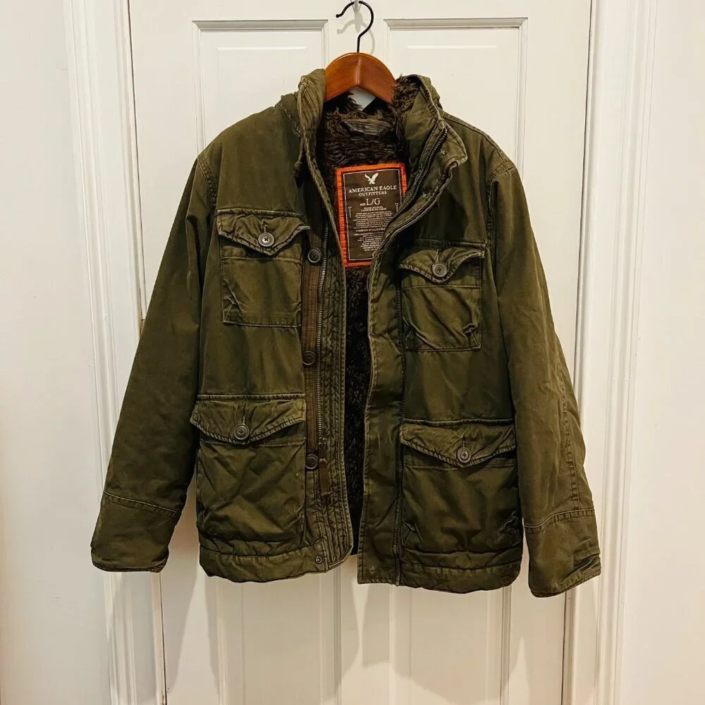 Y2K Green American Eagle Military Parka Winter Coat Mens Small Heavyweight Lined - Picture 3 of 16